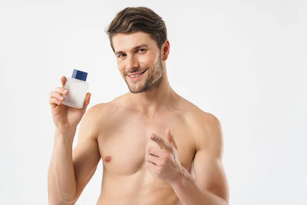 Photo closeup of satisfied naked man pointing finger at camera a — Stock Photo, Image