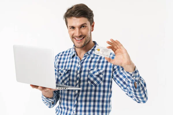 Atraente jovem morena homem vestindo xadrez camisa — Fotografia de Stock