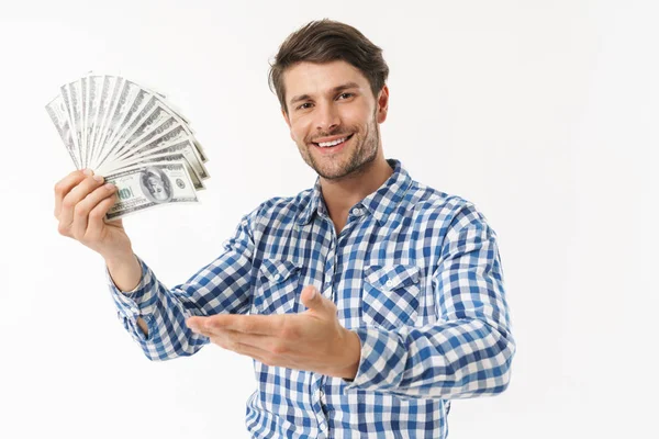 Attractive young brunette man wearing plaid shirt — Stock Photo, Image