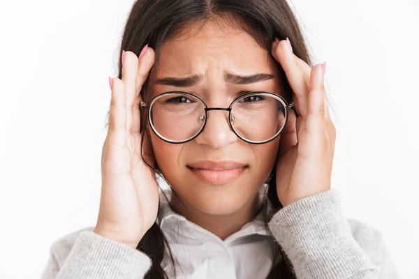 Φωτογραφία κοντινό πλάνο του ανήσυχο φοβισμένο κορίτσι φορώντας γυαλιά γυαλιών — Φωτογραφία Αρχείου