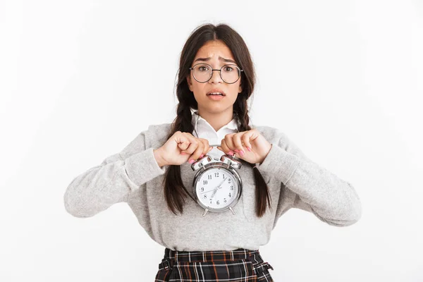 Photo closeup of disturbed teenage girl wearing eyeglasses frown — Stock Photo, Image