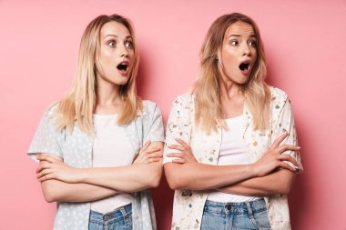 Duygusal şok güzel sarışınlar kadın arkadaşlar pembe duvar arka plan üzerinde izole poz.