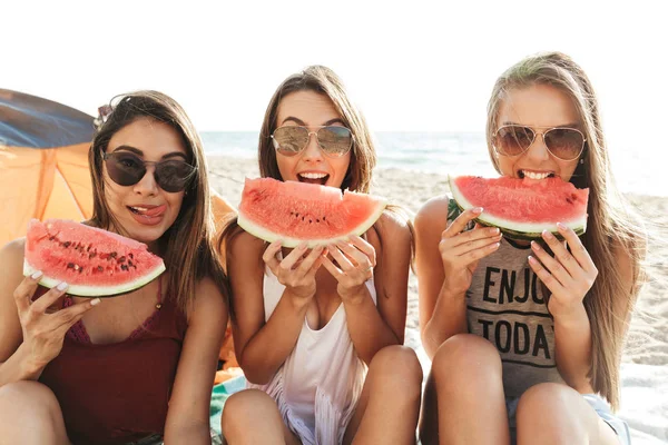 Vidám boldog barátok kempingezés a strandon — Stock Fotó