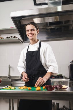 Evde yemek pişiren mutfakta yakışıklı genç aşçı şef.