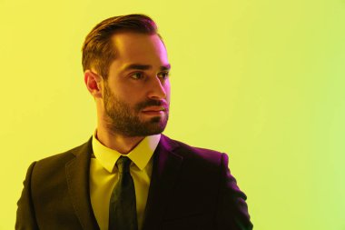 Yakışıklı genç işadamının resmi takım elbiseli görüntüsü kamerada poz