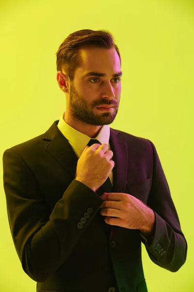 Image of smart young businessman in formal suit touching his tie — Stock Photo, Image