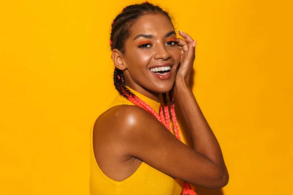 Image of fashionable african american woman with afro braids smi — Stock Photo, Image