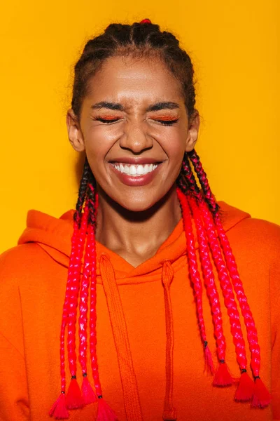 Image closeup of ecstatic african american woman wearing red hoo — Φωτογραφία Αρχείου