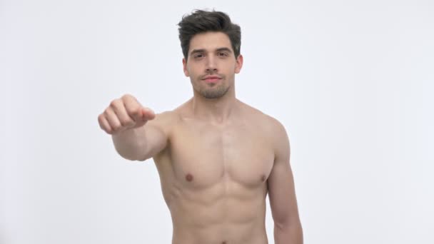 Serious Young Brunette Man Naked Torso Thinking Making Decision Show — Stock Video