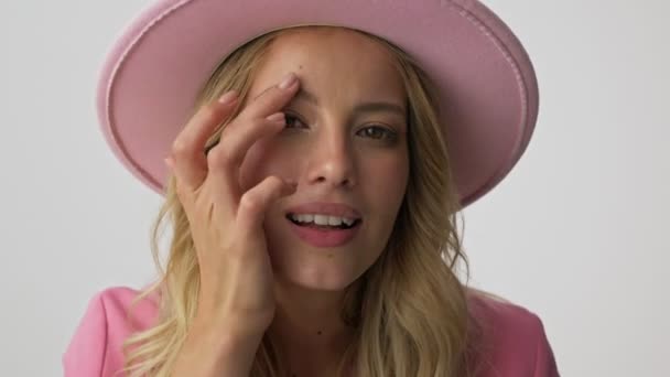 Close View Pretty Young Blonde Woman Pink Jacket Hat Touching — Stock Video