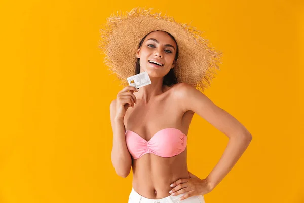 stock image Attractive cheerful young girl wearing bikini standing