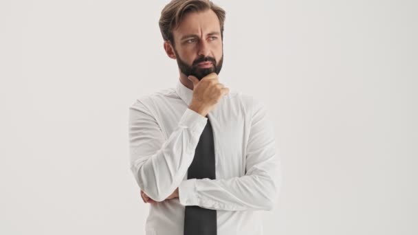 Pensive Young Bearded Business Man Becoming Happy Making Idea Gesture — Stock video