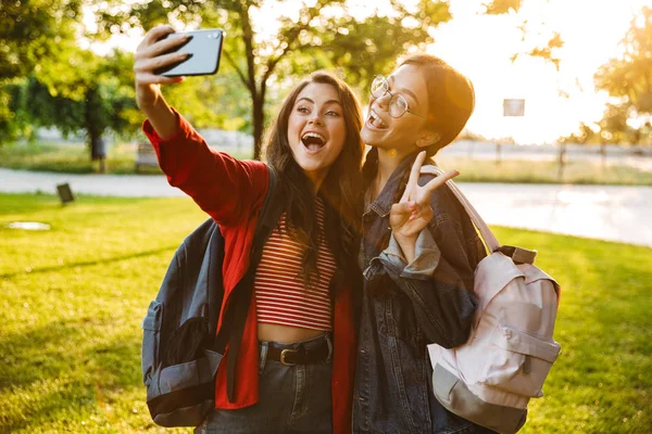 Imagen de dos chicas emocionadas tomando fotos de selfies en el teléfono celular y haciendo gestos de señal de paz mientras caminan en el parque verde — Foto de Stock