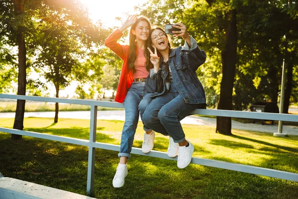 Imagen de dos chicas felices tomando fotos de selfies en el celular y haciendo gestos de paz cantando mientras están sentadas en la barandilla en el parque verde —  Fotos de Stock