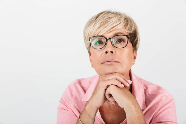 Portrait closeup of mature middle-aged woman with short blond ha — Stock Photo, Image