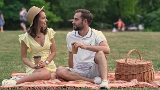 公園で遊んでいる間にピクニックをして話している幸せな若い素敵なカップル — ストック動画