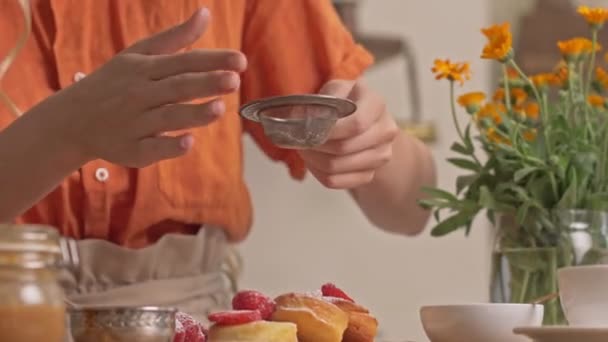 Top View Young Woman Hands Sprinkling Pancakes Strawberry Powdered Sugar — Stock Video