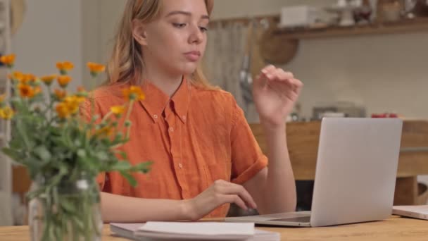 Exhausted Young Blonde Woman Becoming Tired Falling Asleep While Working — Stock Video