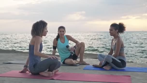 海の近くのマットに座って運動をした後 休息を持っている間 スポーツウェアの話や笑顔で魅力的な若いスポーティ多民族女性の友人のグループ — ストック動画