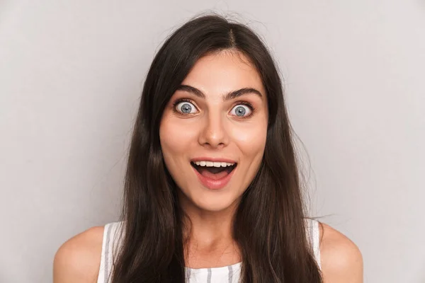 Image closeup of caucasian excited woman with long dark hair smi — 스톡 사진