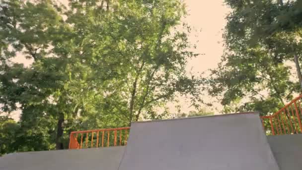 Bonito Confiante Jovem Barbudo Montando Seu Skate Rampa Parque Skate — Vídeo de Stock