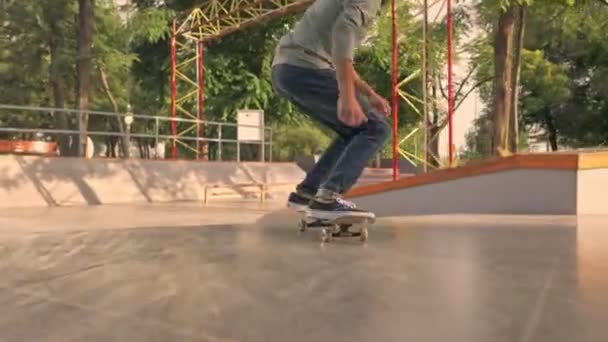 スケートボードに乗って スケートパークで時間を過ごしながらトリックを作る若い男のバックビュー — ストック動画