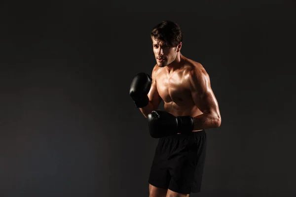 Guapo joven deportista fuerte boxeador en guantes hacer ejercicios de boxeo aislado sobre fondo negro de la pared . — Foto de Stock