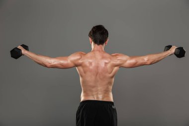Yakışıklı genç ve güçlü sporcu, gri duvar arkaplanı üzerinde izole bir şekilde poz veriyor. Kollar için halterlerle egzersiz yapıyor..
