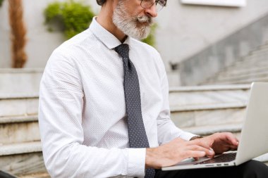 Dizüstü bilgisayarında yazan sakallı, gri saçlı iş adamının kesilmiş fotoğrafı.