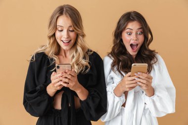 Elinde akıllı telefonlar olan iki genç kadının portresi.