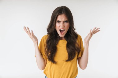Image of angry resentful woman wearing casual t-shirt screaming  clipart