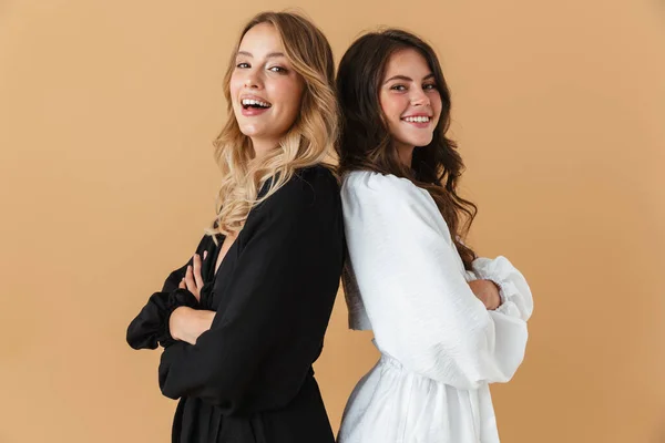 Portret van twee lachende vrouwen die rug aan rug staan — Stockfoto