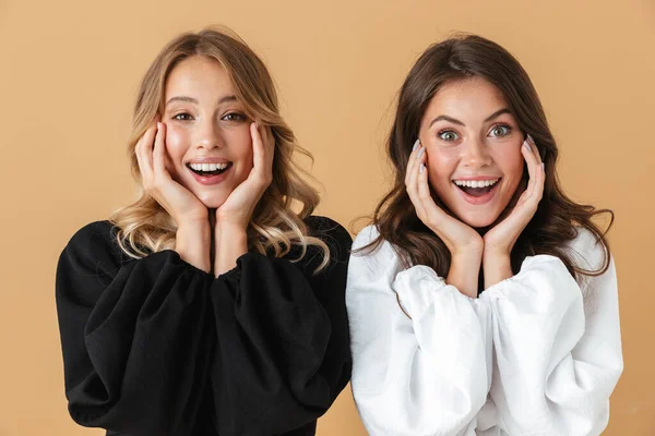 Retrato de duas mulheres alegres sorrindo enquanto apoiam suas cabeças — Fotografia de Stock