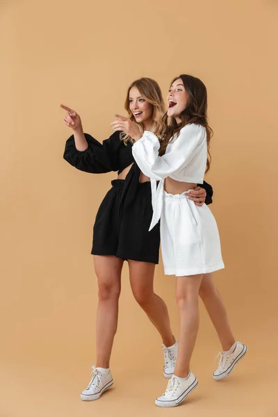 Retrato de duas mulheres alegres abraçando enquanto apontando os dedos de lado — Fotografia de Stock