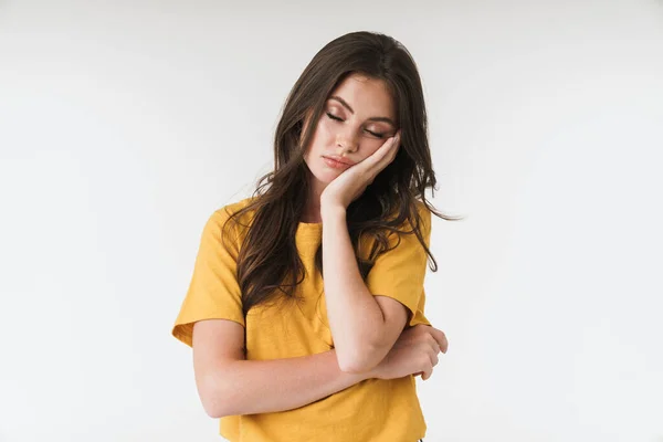 Image of tired brunette woman wearing casual clothes propping up — Stock Photo, Image