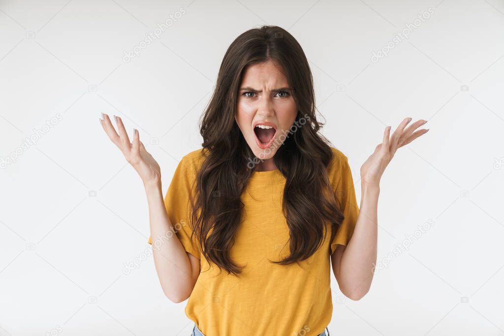 Image of angry resentful woman wearing casual t-shirt screaming 