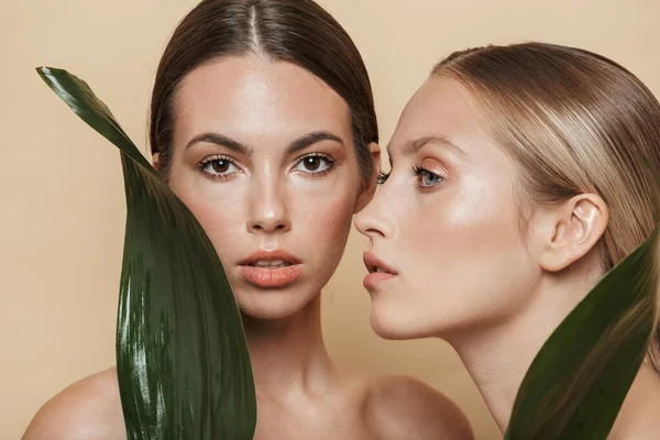 Mujeres posando con verde naturaleza hoja planta . —  Fotos de Stock