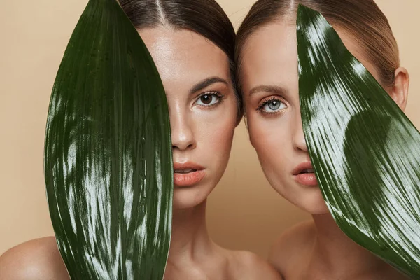 Mujeres posando con verde naturaleza hoja planta . —  Fotos de Stock