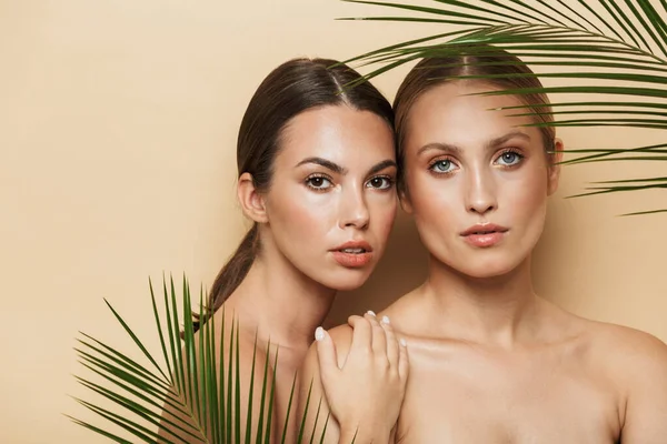 Mujeres serias posando desnudas con planta de hojas de naturaleza verde . —  Fotos de Stock