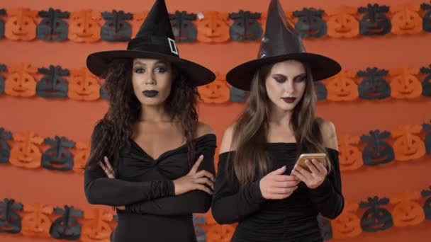 Beautiful Happy Young Witch Women Black Halloween Costumes Looking Smartphones — ストック動画