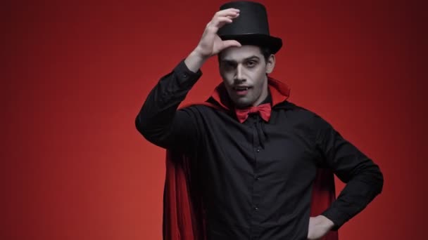 Attractive Vampire Man Blood Fangs Black Halloween Costume Fixing His — Stock Video