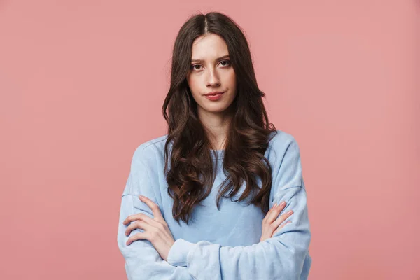 Image Displeased Brunette Woman Wearing Casual Shirt Frowning Standing Arms — Stock Photo, Image