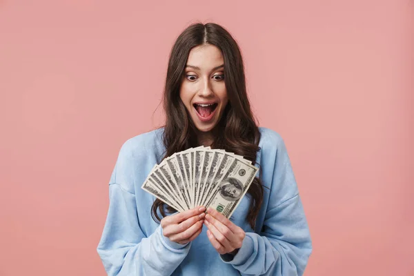 Image Attractive Young Woman Long Brown Hair Rejoicing Holding Dollar — Stock Photo, Image