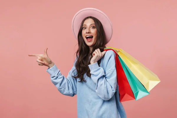 Image Attractive Young Woman Wearing Hat Ponting Finger While Holding — Stock Photo, Image