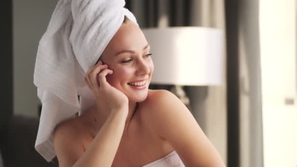 Young Happy Woman Indoors Home Towel Head — Stock Video