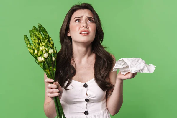 Image Unhappy Young Woman Allergy Holding Handkerchief Flowers Isolated Green — Stock Photo, Image