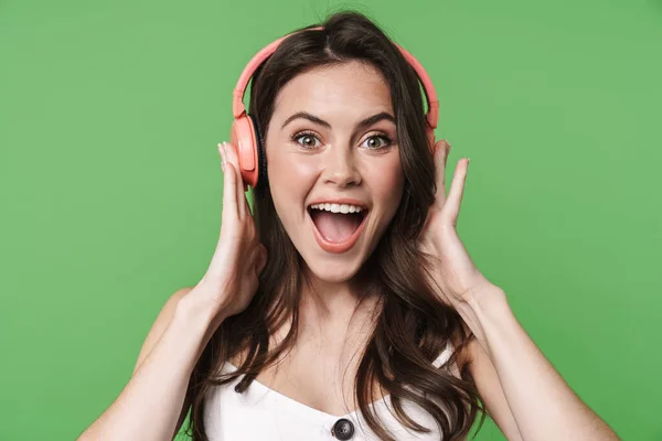 Image Cheerful Nice Woman Singing While Using Wireless Headphones Isolated — Stock Photo, Image