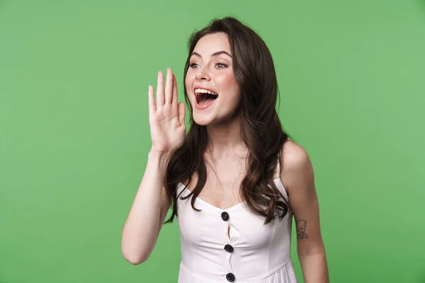 Image Excited Beautiful Woman Looking Screaming Aside Isolated Green Background — Stock Photo, Image