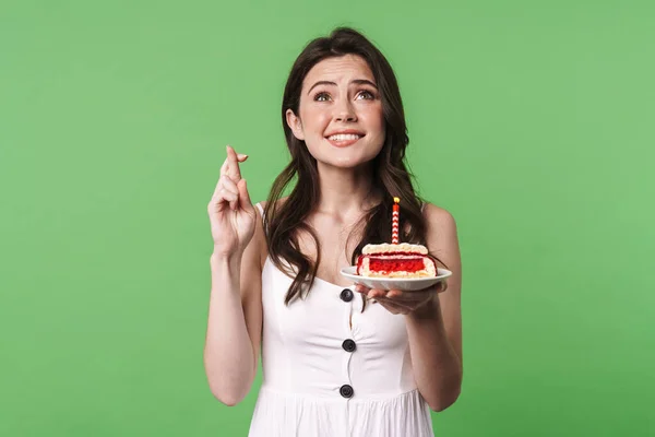 Bild Von Aufgeregten Jungen Frau Mit Daumen Drücken Halten Kuchen — Stockfoto