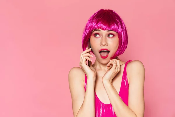 Image Young Beautiful Girl Wearing Wig Talking Cellphone Isolated Pink — Stock Photo, Image